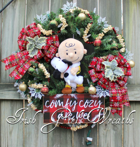 Charlie Brown and Snoopy Cozy Christmas Wreath, Peanuts Christmas Wreath, Pre-lit LED warm white snowflake lights #3