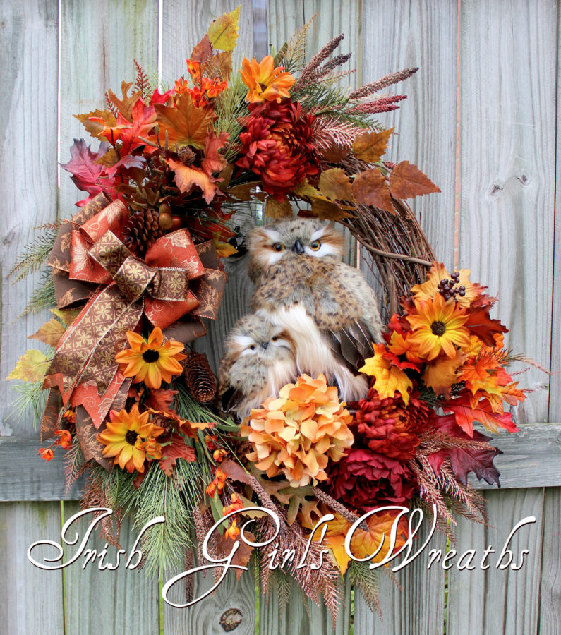 Deluxe Fall Owl Family Wreath, Large Rustic Floral Autumn Owl Wreath