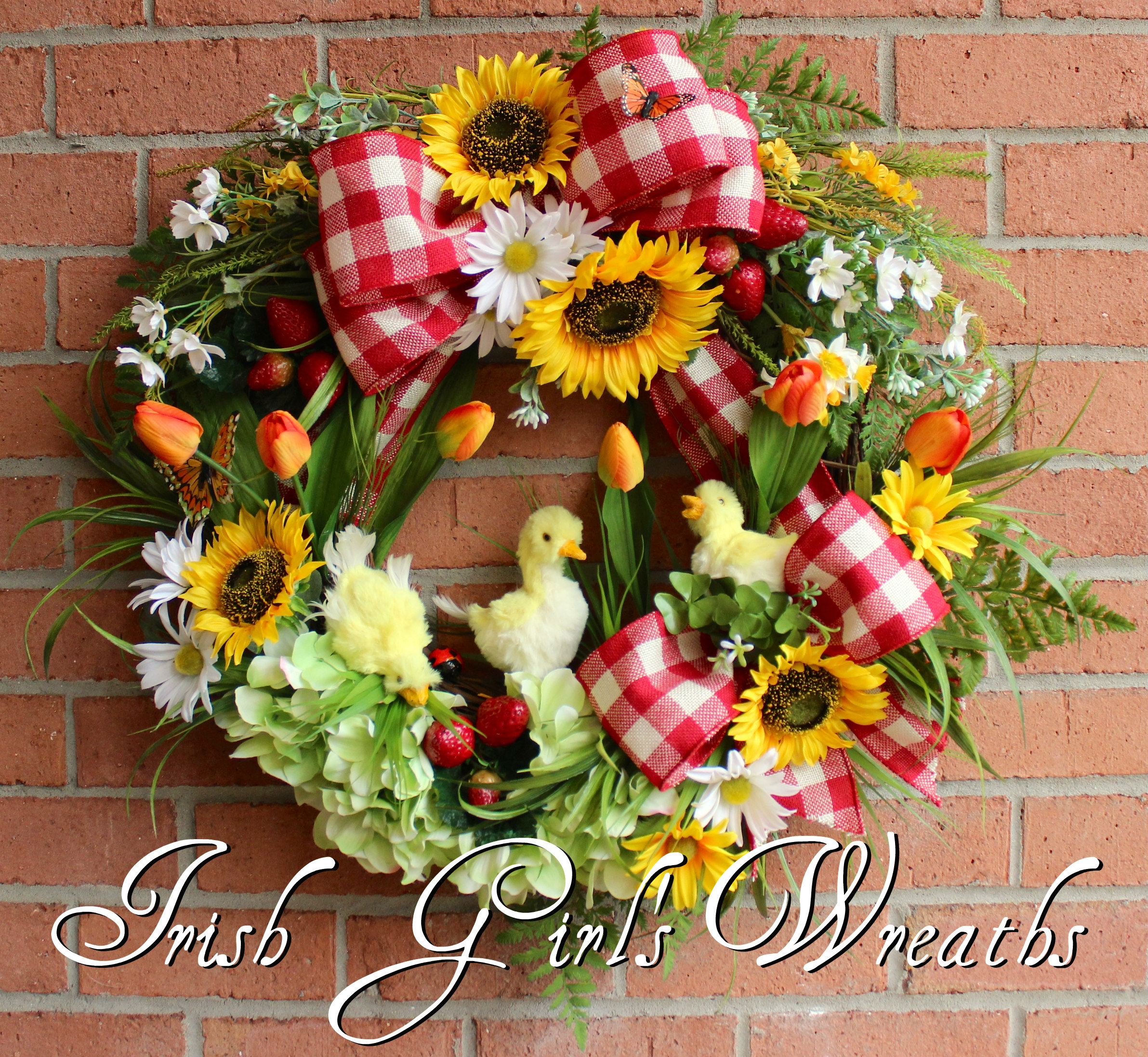 Ducklings on the Farm Spring Wreath, Country Sunflower, Strawberries, and Red Gingham Summer Wreath