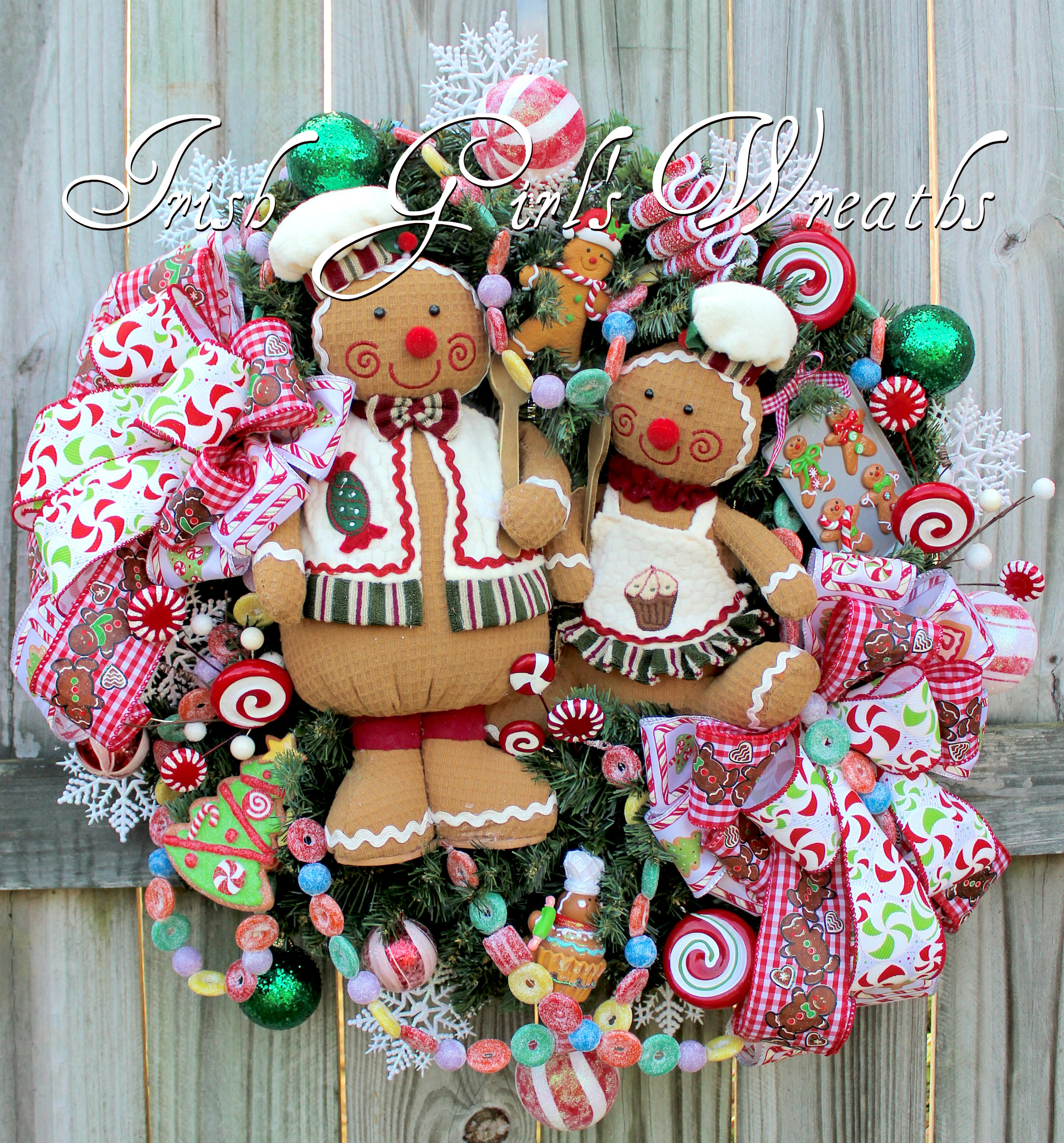 Gingerbread Chef Couple Peppermint Christmas Wreath, Gingerbread Bakers