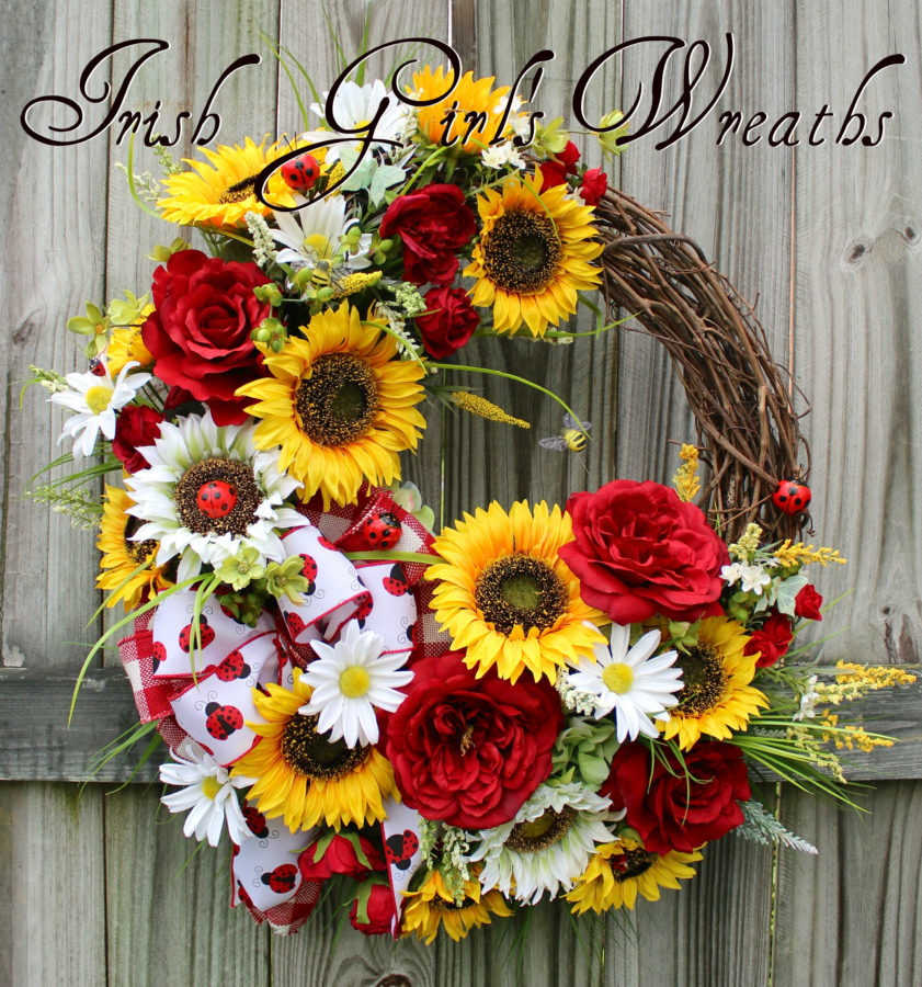 Summer Country Sunflower and Rose Ladybug Wreath