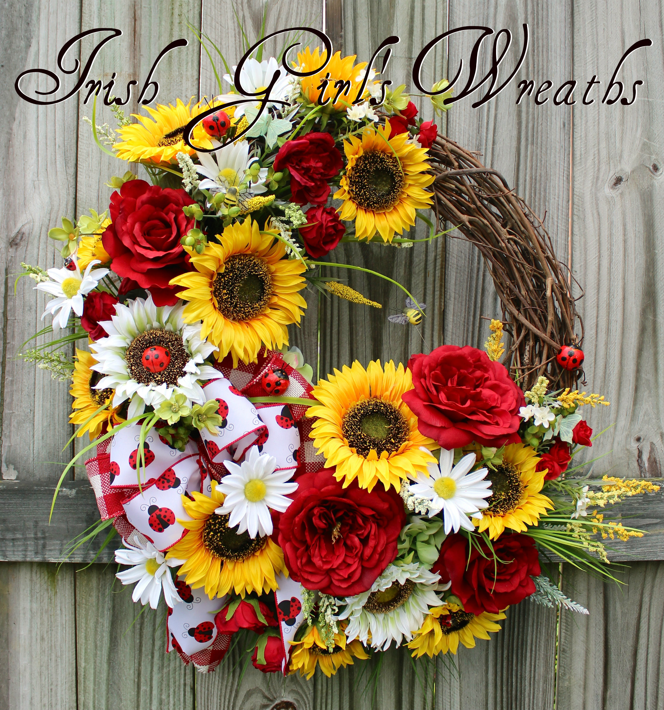 Summer Country Sunflower and Rose Ladybug Wreath