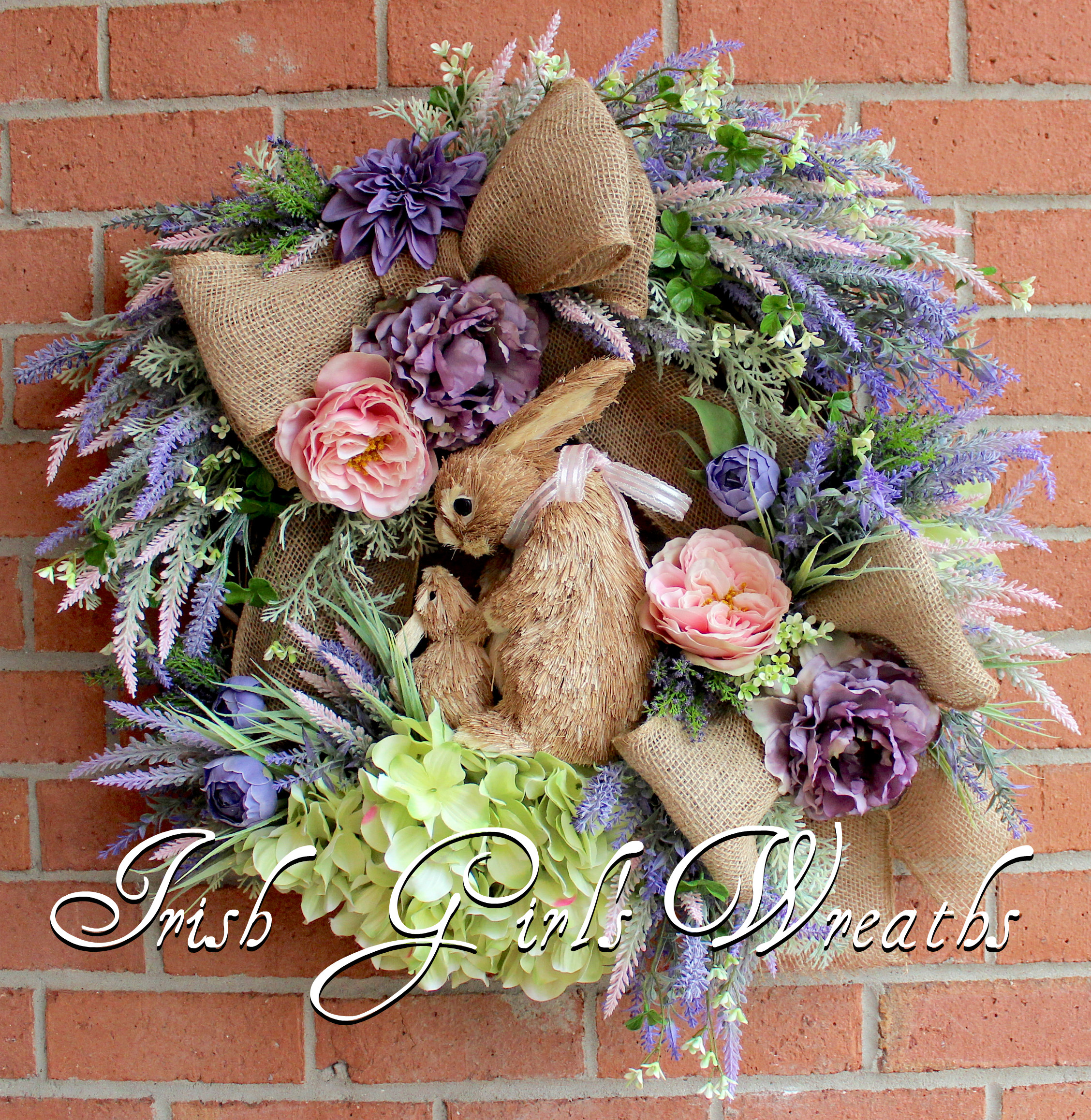 Spring Antique Lavender & Pink Bunny Rabbit Easter Floral Wreath