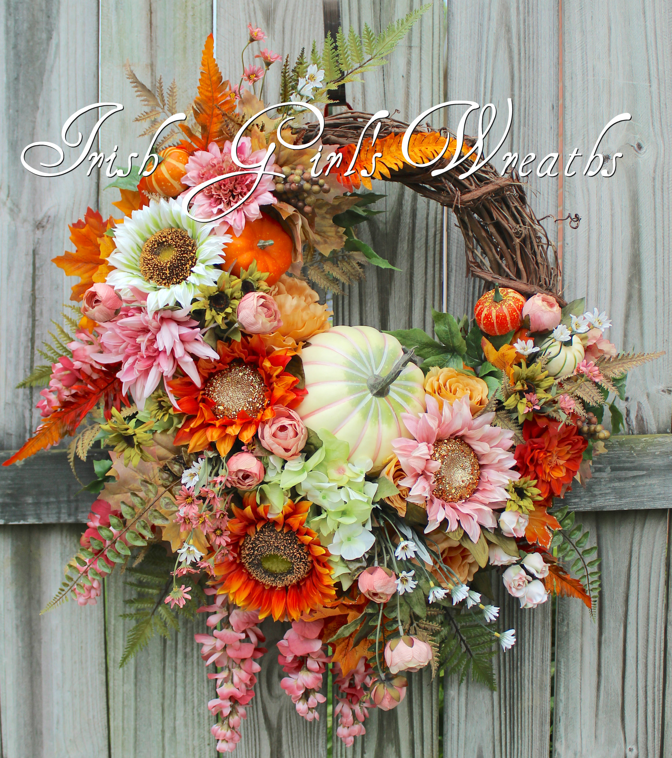 Fall Wreath, Extra Large Brighter Side of Autumn Sunflower and Pumpkin Wreath, Pink and Orange Fall Floral Wreath, Thanksgiving Wreath