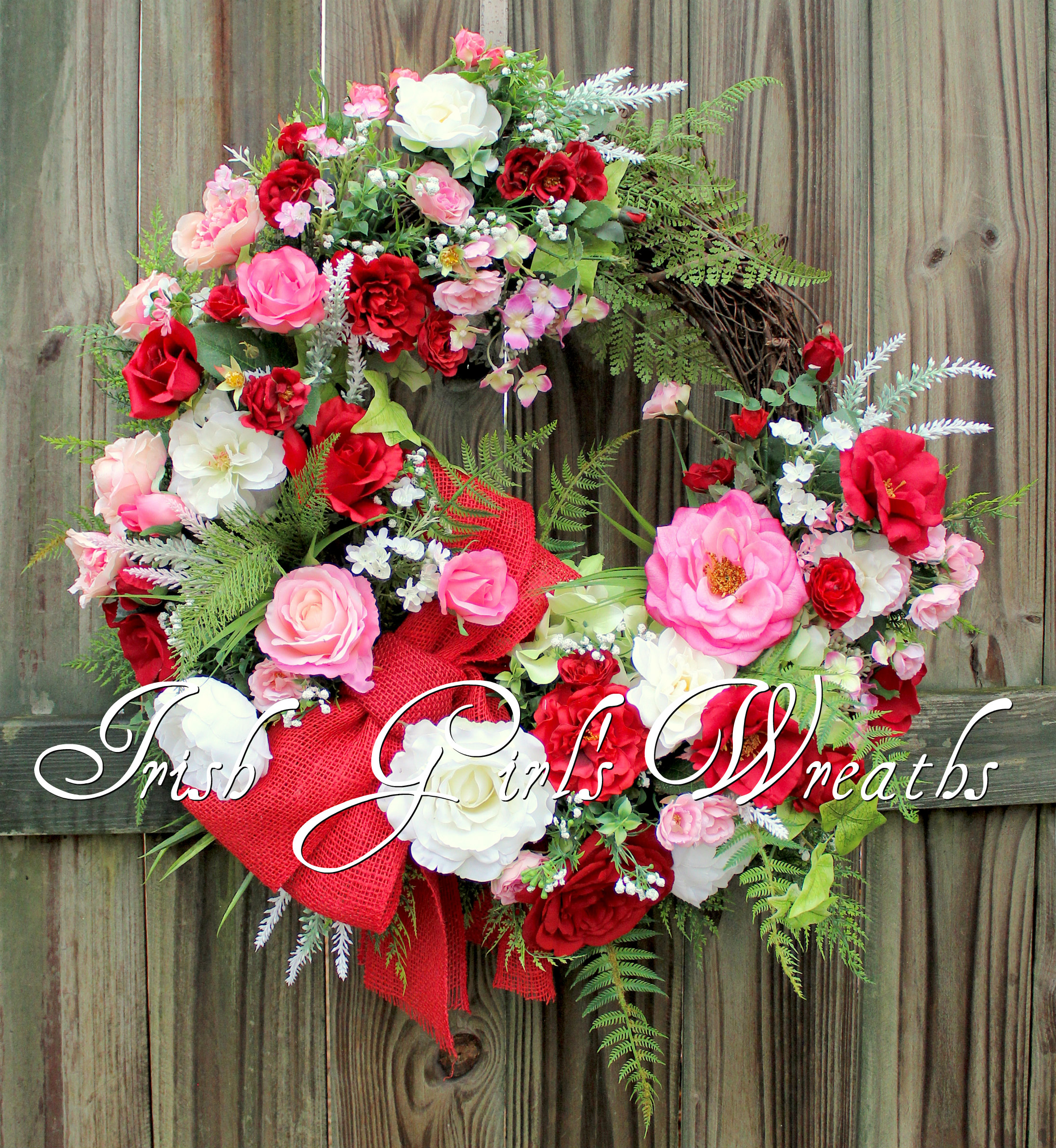 Pink and Red Valentine Rose Cottage Garden Wreath, Deluxe Spring Cottage Floral Wreath