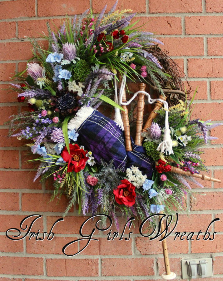 Pride Of Scotland Tartan Scottish Highland Bagpipes and Wildflowers Wreath