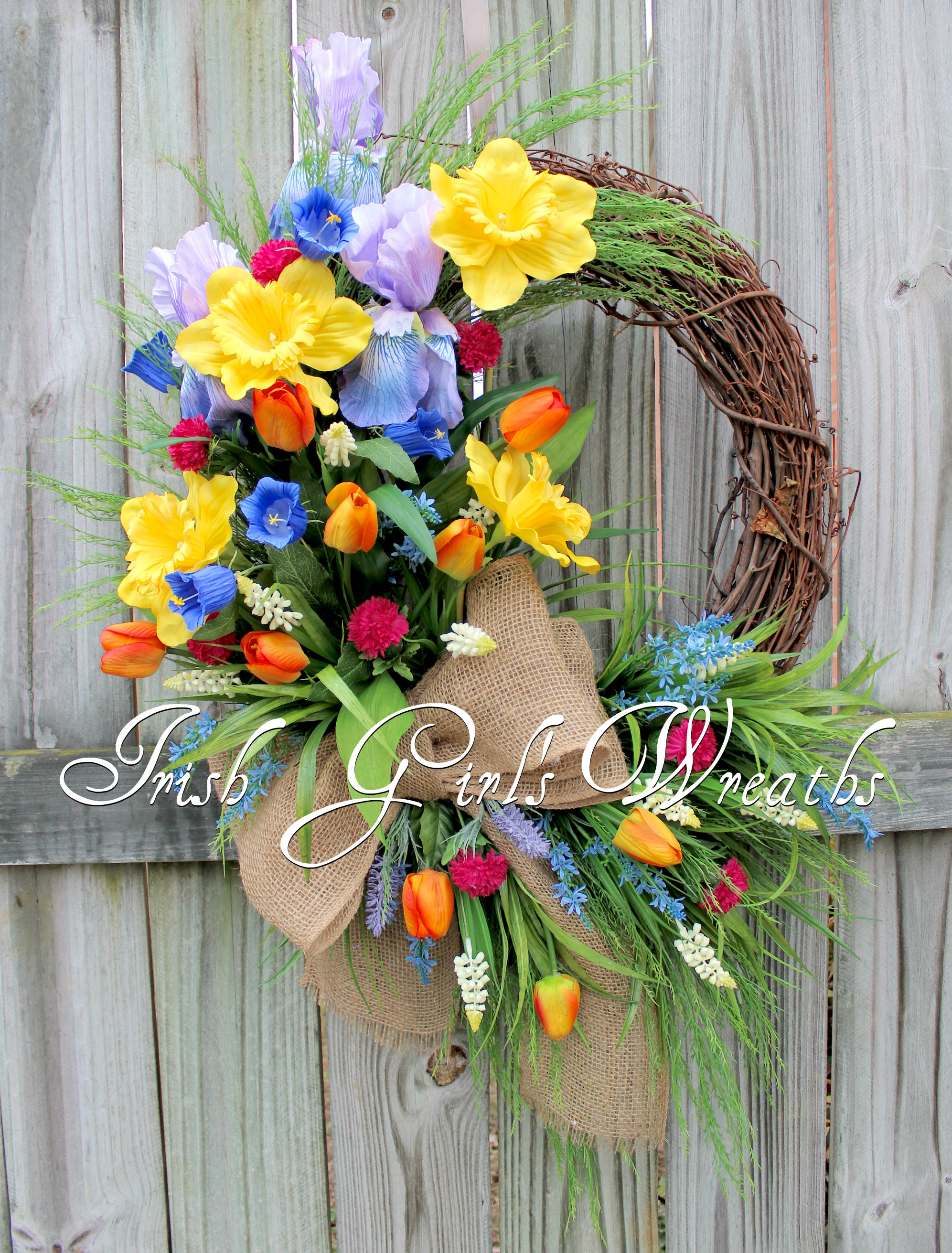 Purple Iris & Daffodil Spring Garden Wreath, Real touch Tulips Bellflowers clover Country Floral Wreath, large Mothers Day Floral Wreath