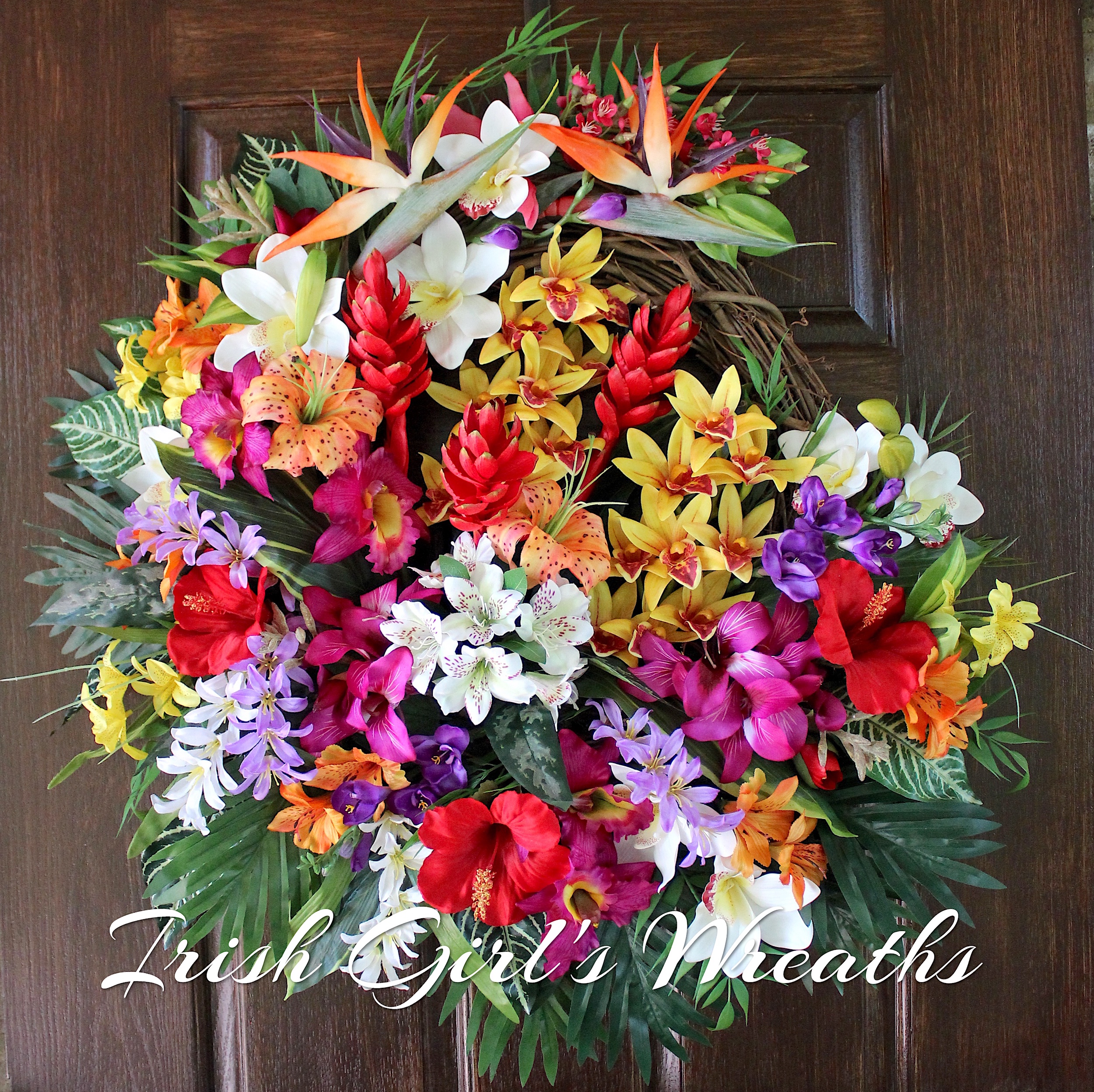 Tropical Island Luau Garden Wreath – Large Summer Hawaiian Ginger and Orchid Floral Wreath