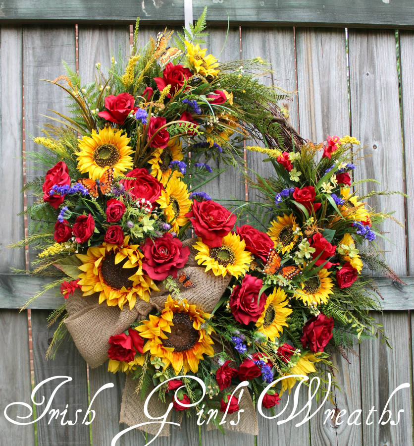 Rustic Summer Sunflower and Rose Wreath