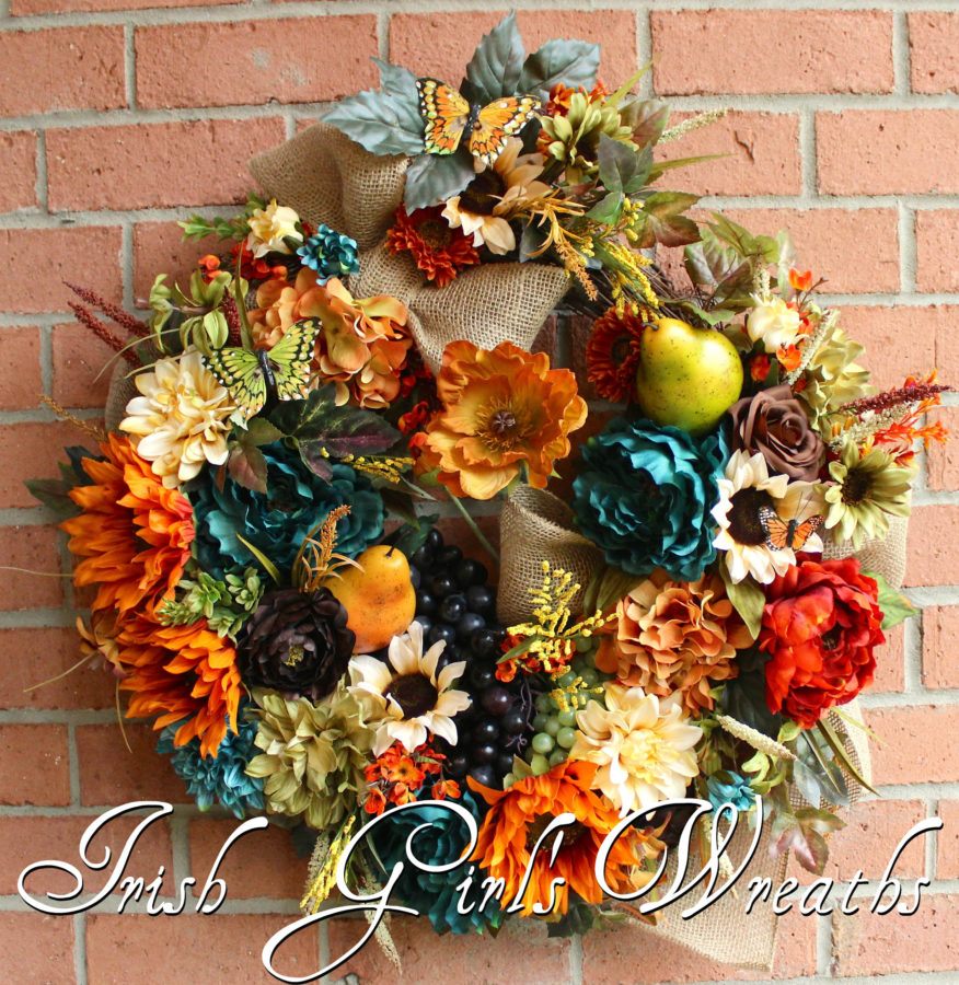 Large Rustic Teal Tuscan Elegance Wreath, French Country Floral Wreath