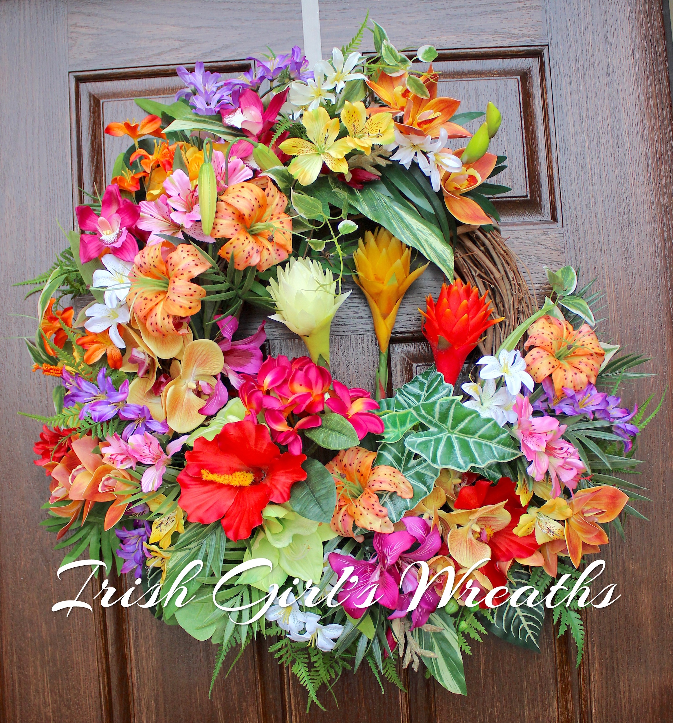 Deluxe Hawaiian Tropical Tiger Lily Tiki Garden Wreath, large Summer Wreath, Voodoo Island Paradise Wreath, Orchid, Hibiscus, Luau Wreath, Ginger Flower