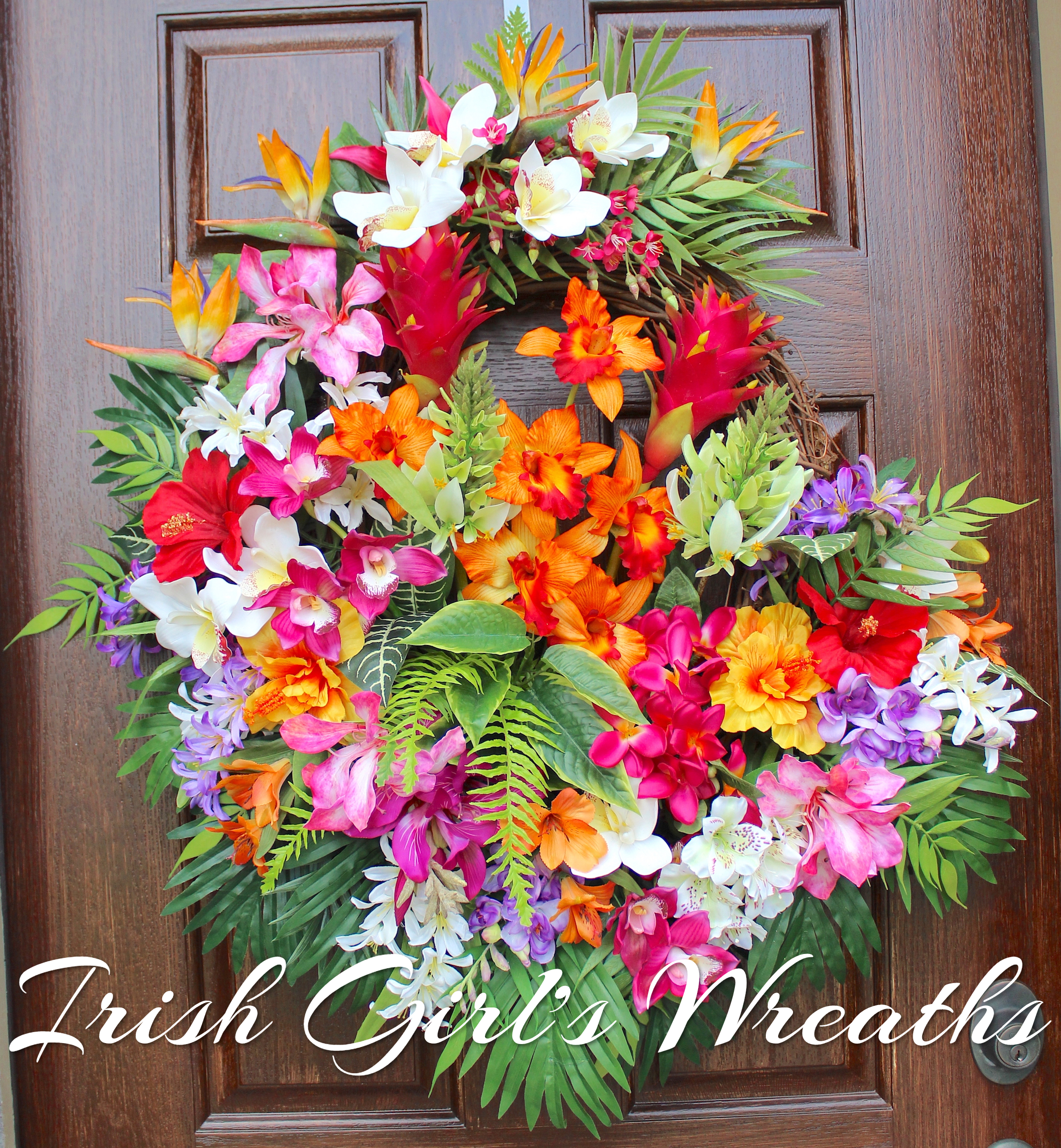 Tropical Island Luau Garden Wreath – Large Summer Hawaiian Orchid floral Wreath