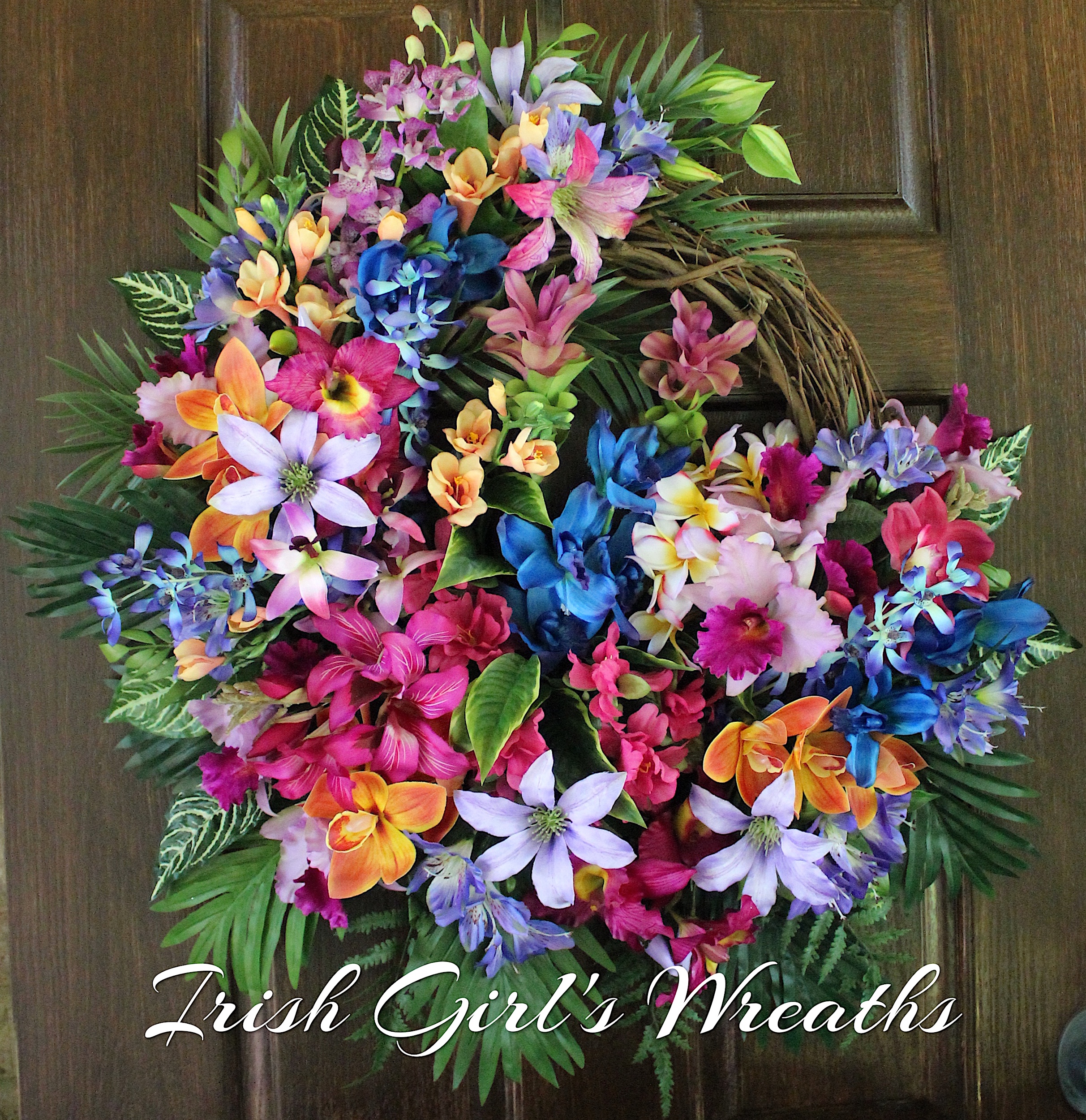 Tropical Island Twilight Skies Wreath – Restful Blue and Purple Hawaiian Orchid Summer Wreath