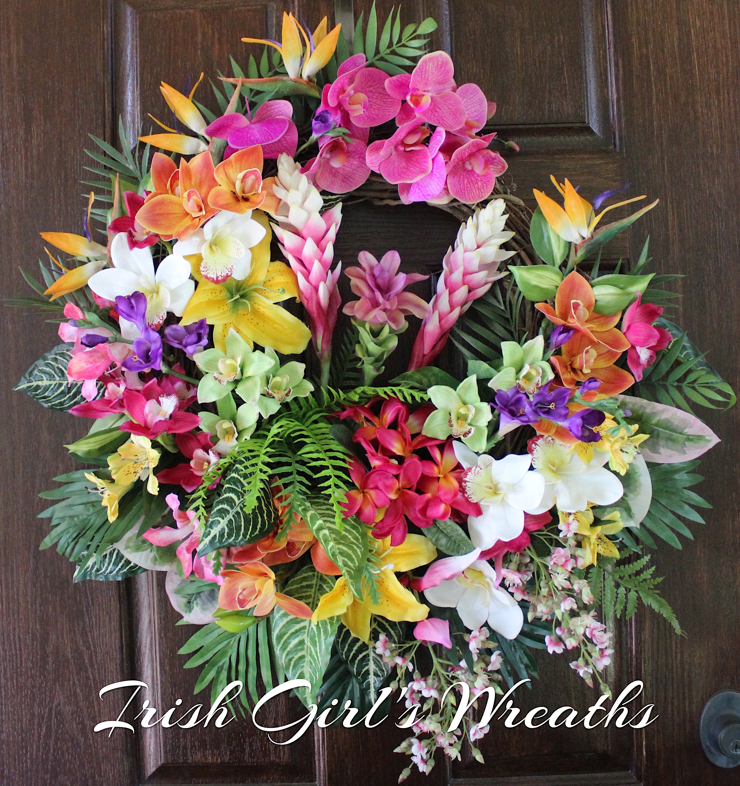 Tropical Island Luau Ginger Garden Wreath – Large Summer Hawaiian Orchid Floral Wreath