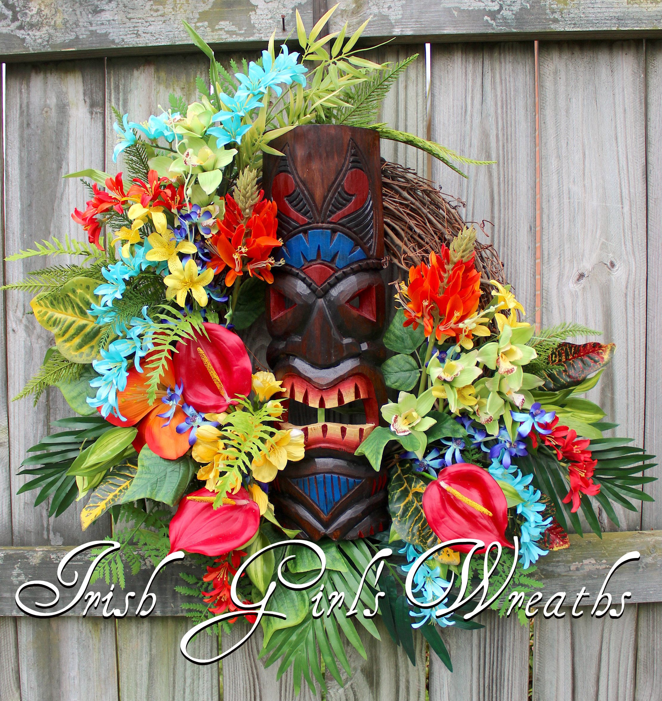 XL Deluxe Hawaiian Tropical Floral Tiki Garden Wreath,Large Turquoise Voodoo Island Paradise Wreath, Torch Flower, Blue Red Orange Luau Wreath
