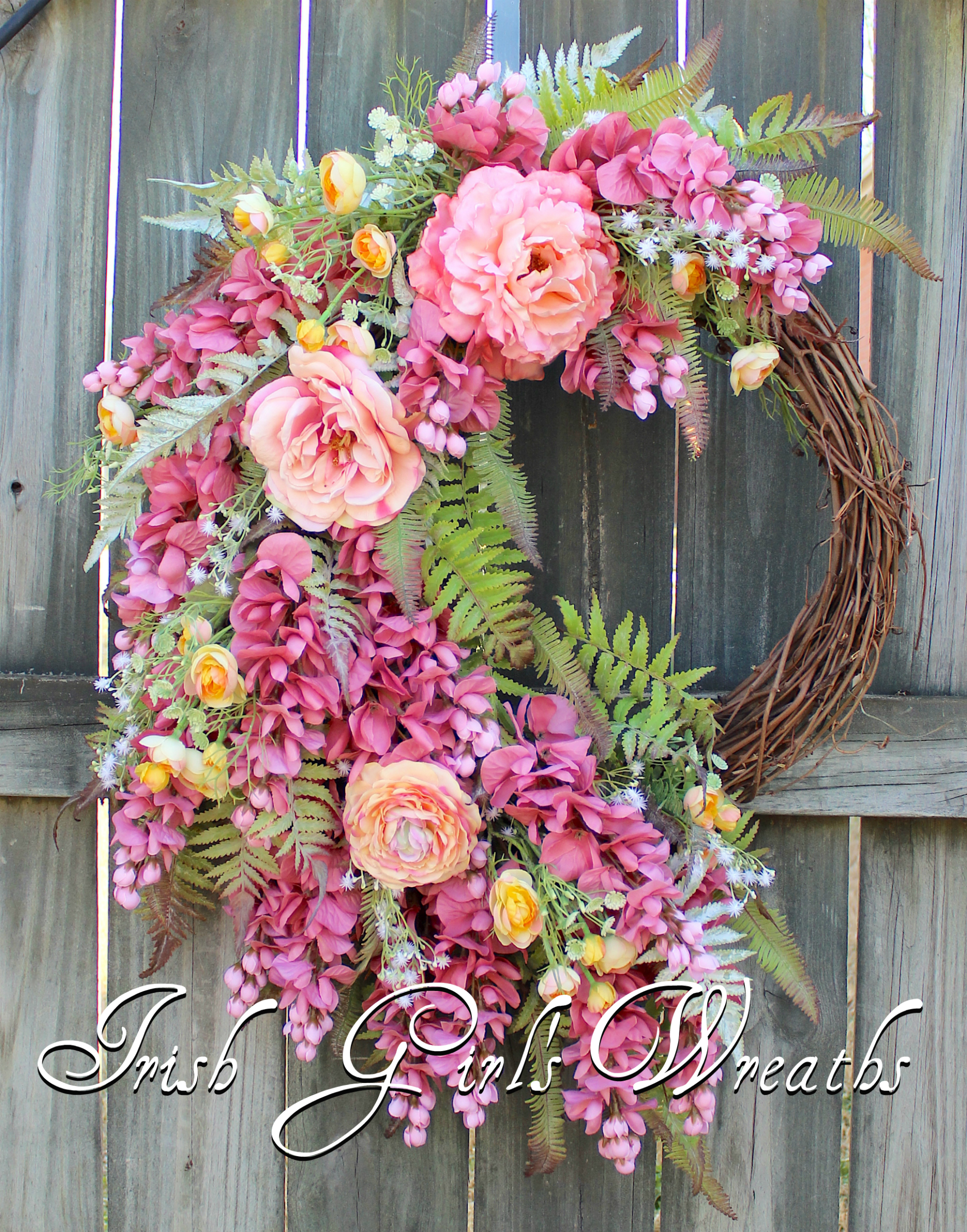 Large Antique Rose Wisteria Spring Garden Wreath, Dusty Pink French Country  Floral Wreath, Pink Peach Yellow English Cottage Garden Wreath