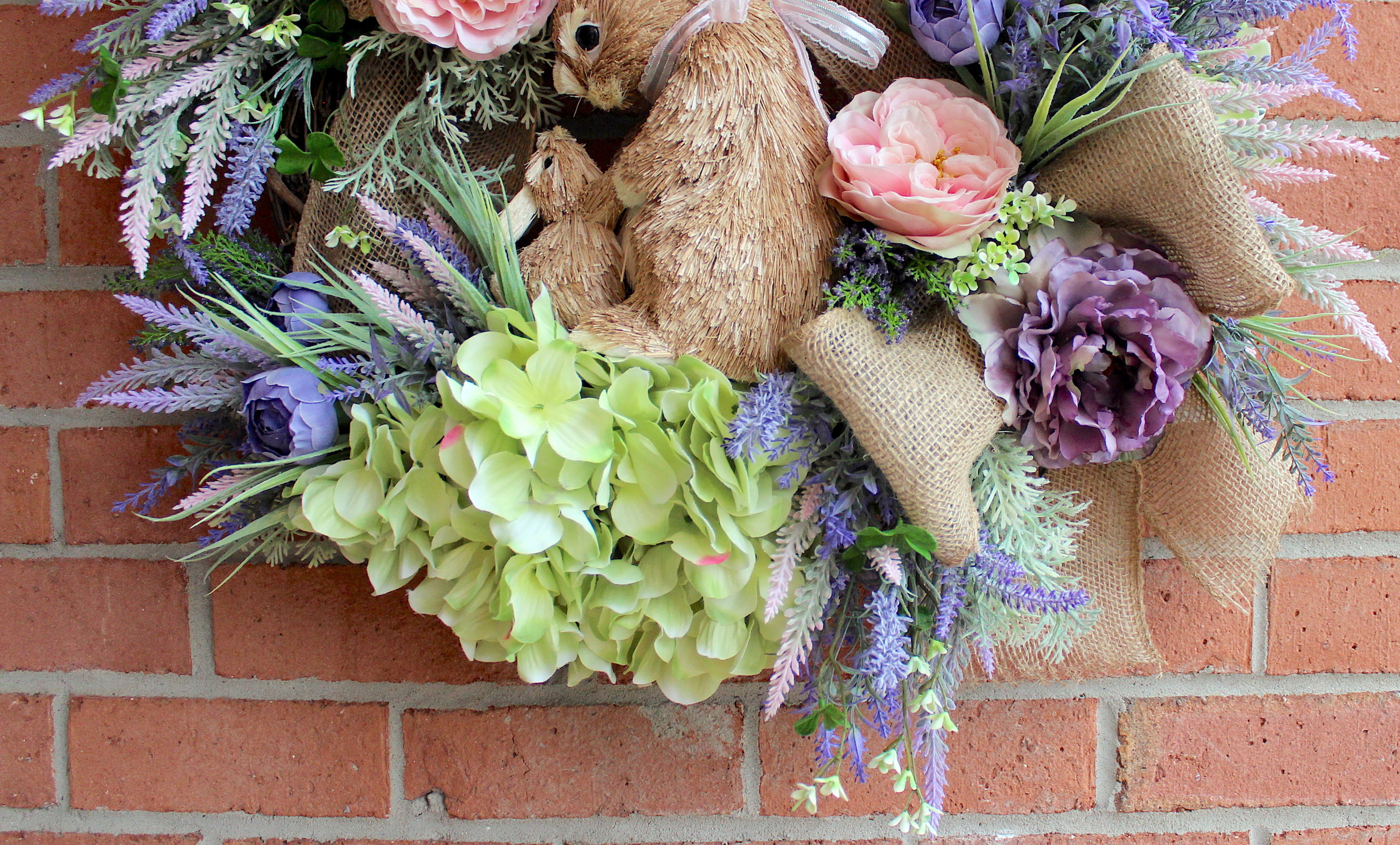 Spring Antique Lavender & Pink Bunny Rabbit Easter Floral Wreath - Image 2