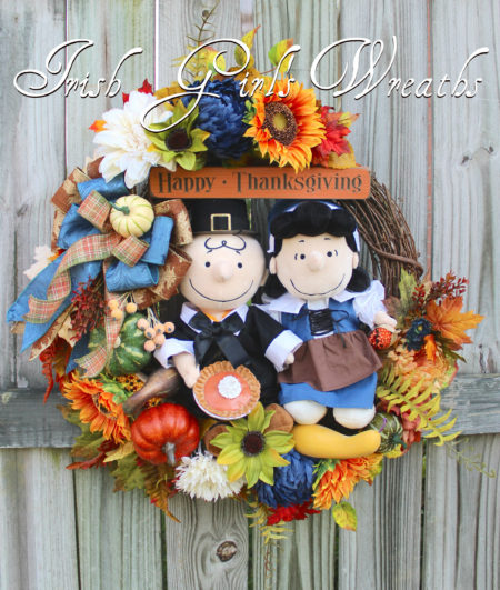 MADE TO ORDER Peanuts Thanksgiving Wreath, Deluxe Pilgrim Charlie Brown and Lucy Thanksgiving Wreath -*ONLY 1 AVAILABLE THIS YEAR*