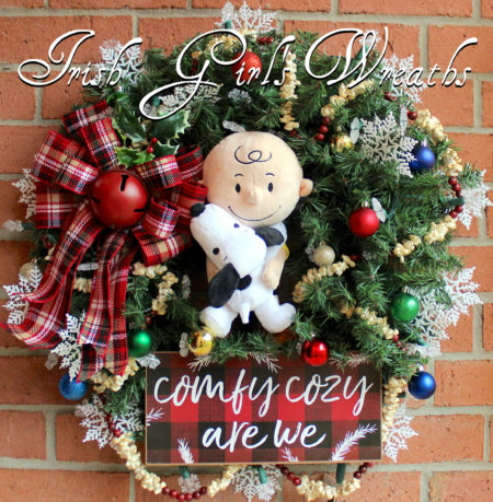 Charlie Brown and Snoopy Cozy Christmas Wreath, Peanuts Christmas Wreath, Pre-lit LED warm white snowflake lights