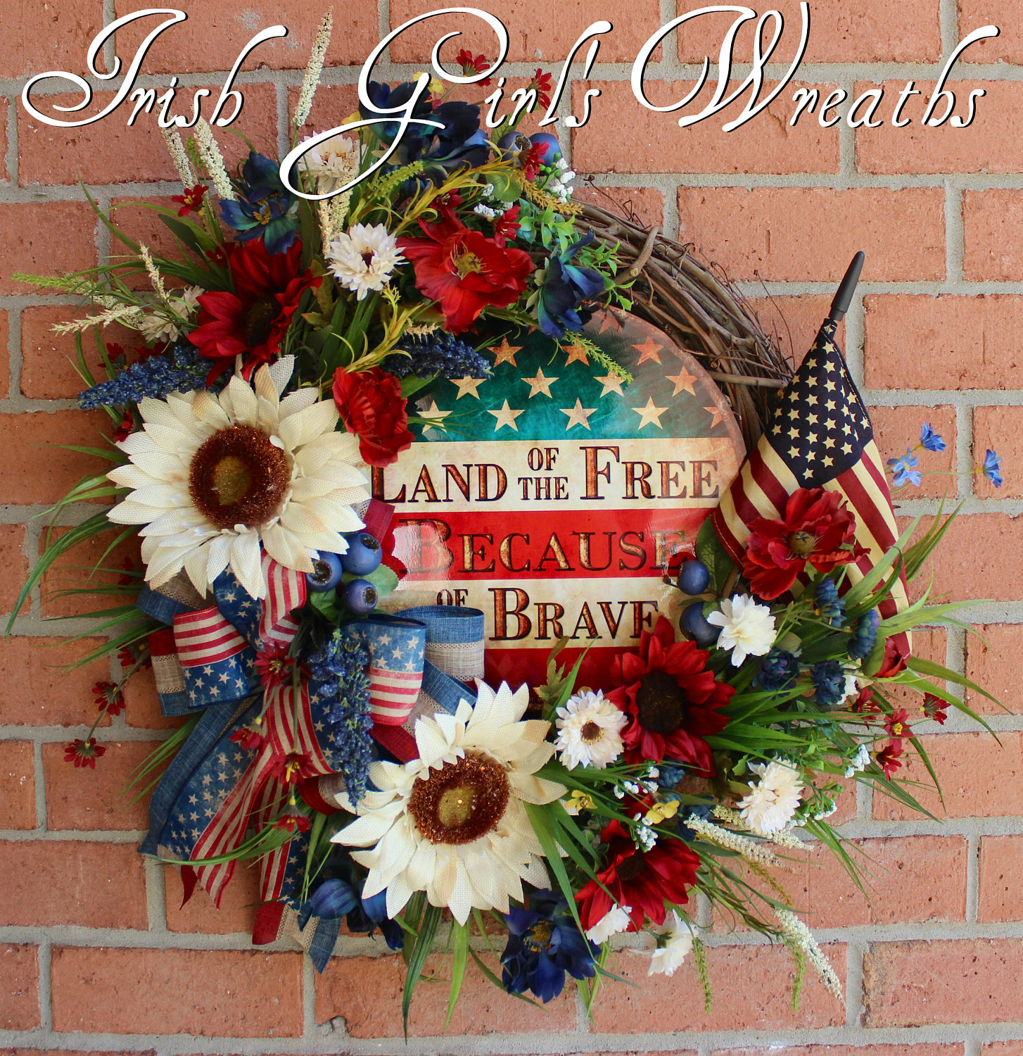 Rustic Land of the Free Because of the Brave Patriotic Wildflower Wreath, Primitive Americana Summer Wreath, Memorial Day, 4th July
