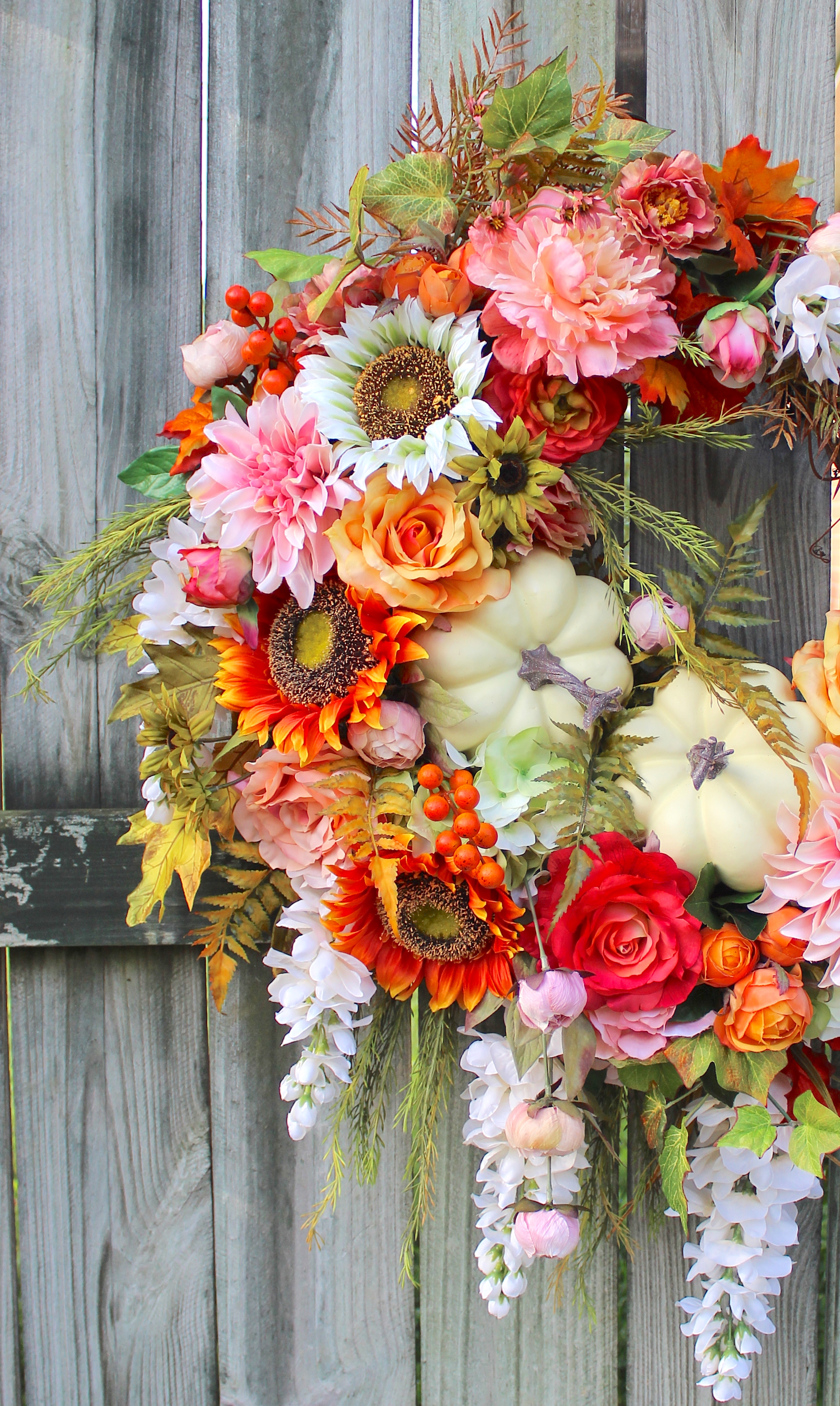 Irish Girl's Wreaths  Top Quality Handmade Artisan Floral Wreaths for all  Seasons » XL Large Bright Autumn Welcome Sunflower and Pumpkin Wreath,  Pink, Peach, Coral and Orange Fall Floral Thanksgiving Wreath