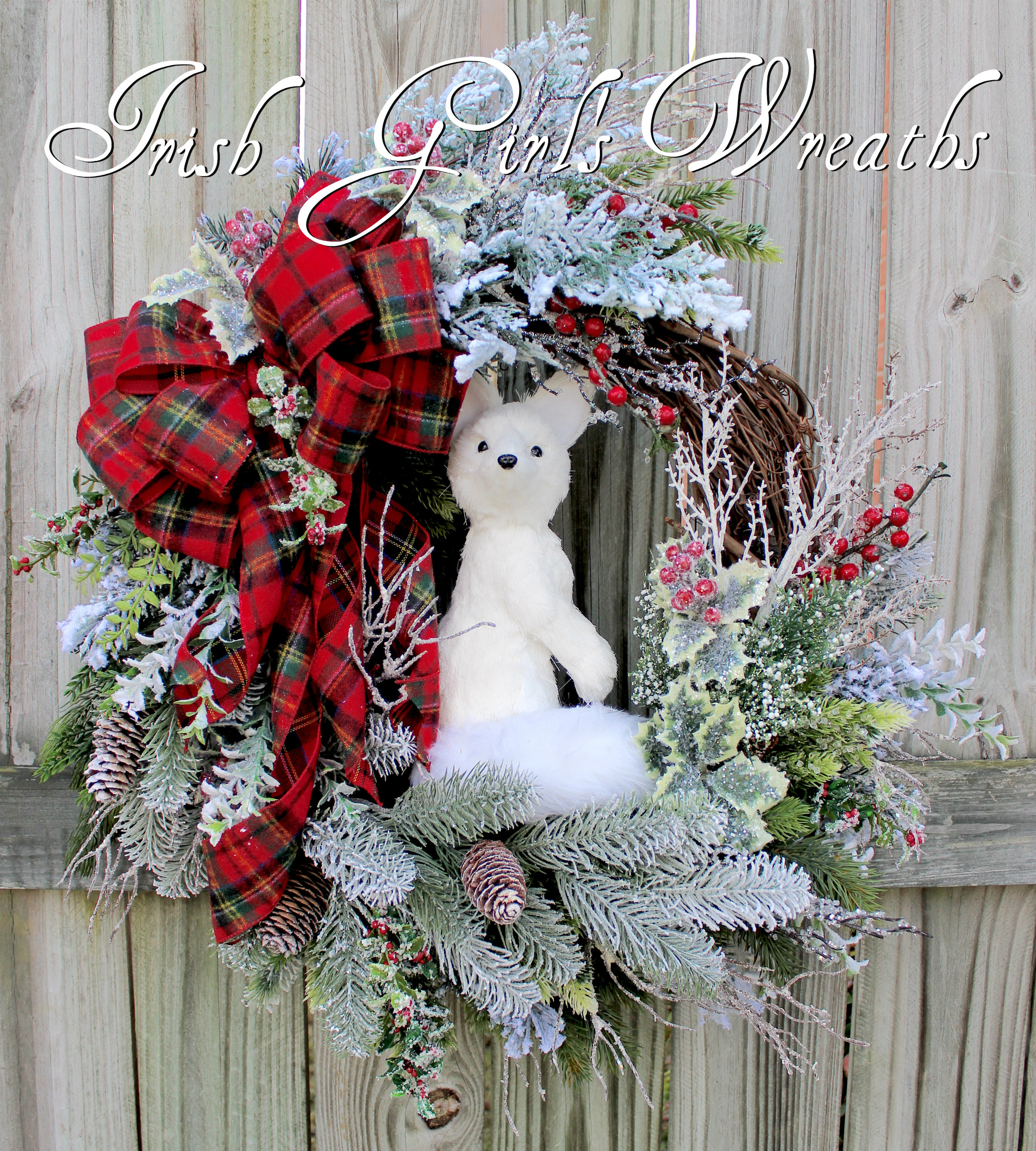 Woodland Winter Arctic Fox Wreath Red Flannel Tartan Plaid, Rustic Fox Floral Christmas Wreath