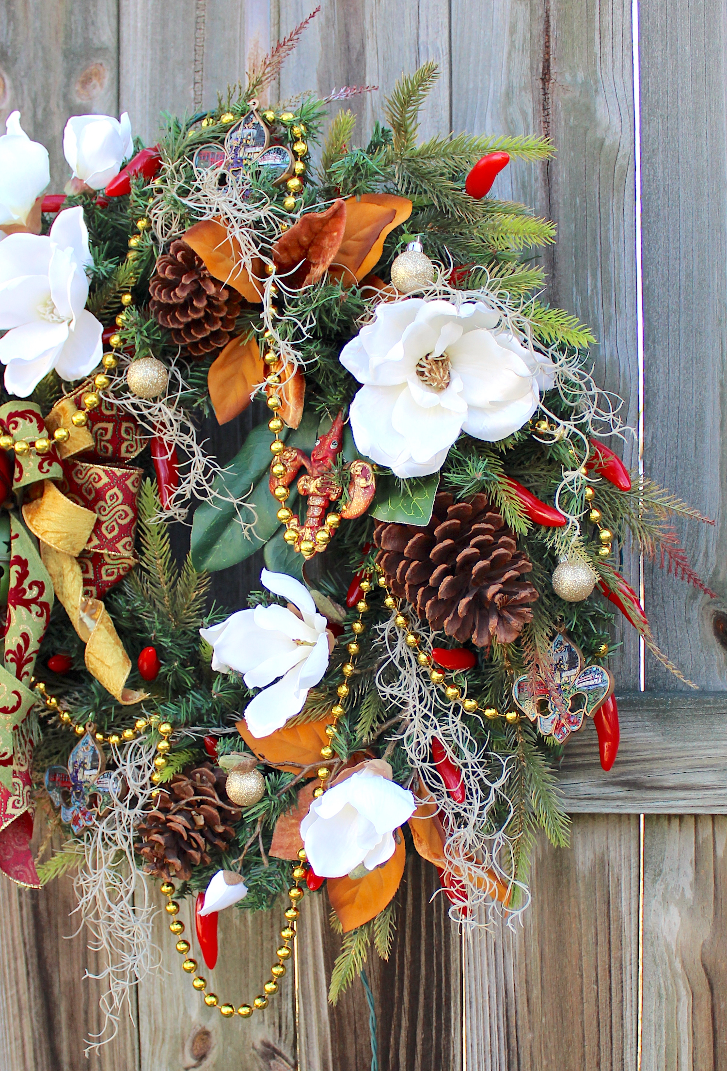 Cajun Bayou Magnolia Christmas Wreath - with Chili Pepper Lights, Louisiana  Wreath, Winter Wreath