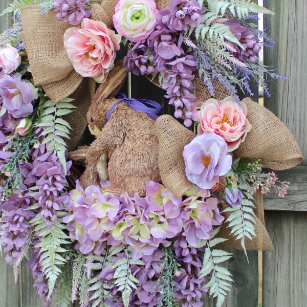 Sweet and Restful Antique Lavender Wisteria and Soft Pink Rose Bunny Rabbit Wreath, Easter Floral Wreath, Spring Wreath - Image 4