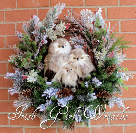 Large Woodland Owl Family Christmas Wreath, Rustic Winter Owl Family Wreath