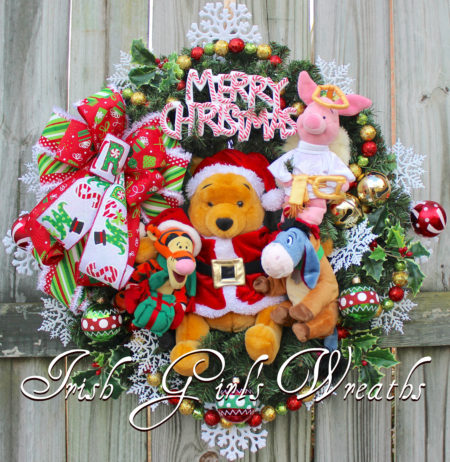 Santa Winnie Pooh and Friends Merry Christmas Wreath, Angel Piglet, Xmas Tigger, Peppermint Merry Christmas, Reindeer Eeyore