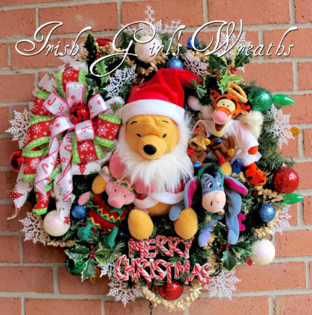 Santa Winnie Pooh & Friends Christmas Wreath with lights, Angel Tigger, Elf Piglet, Reindeer Eeyore