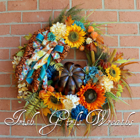 Elegant Teal & Rust Fall Pumpkin Autumn Floral Wreath