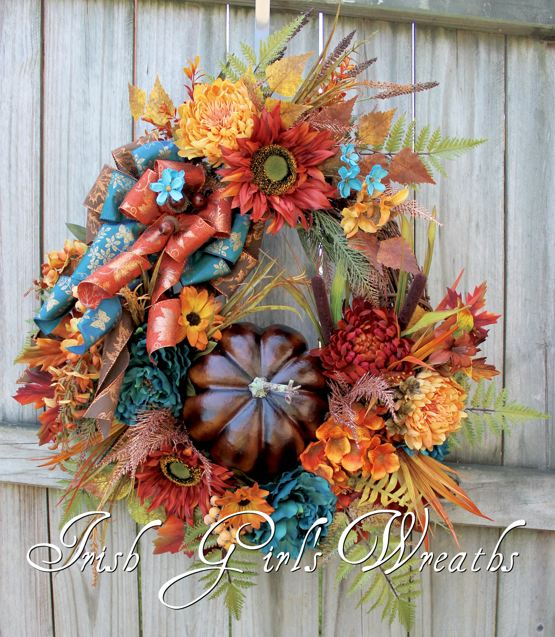 Elegant Teal Rust and Brown XL Fall Pumpkin Wreath, Tuscan Floral, Sunflower Fall Wreath, Copper, Deluxe Autumn Floral Decor