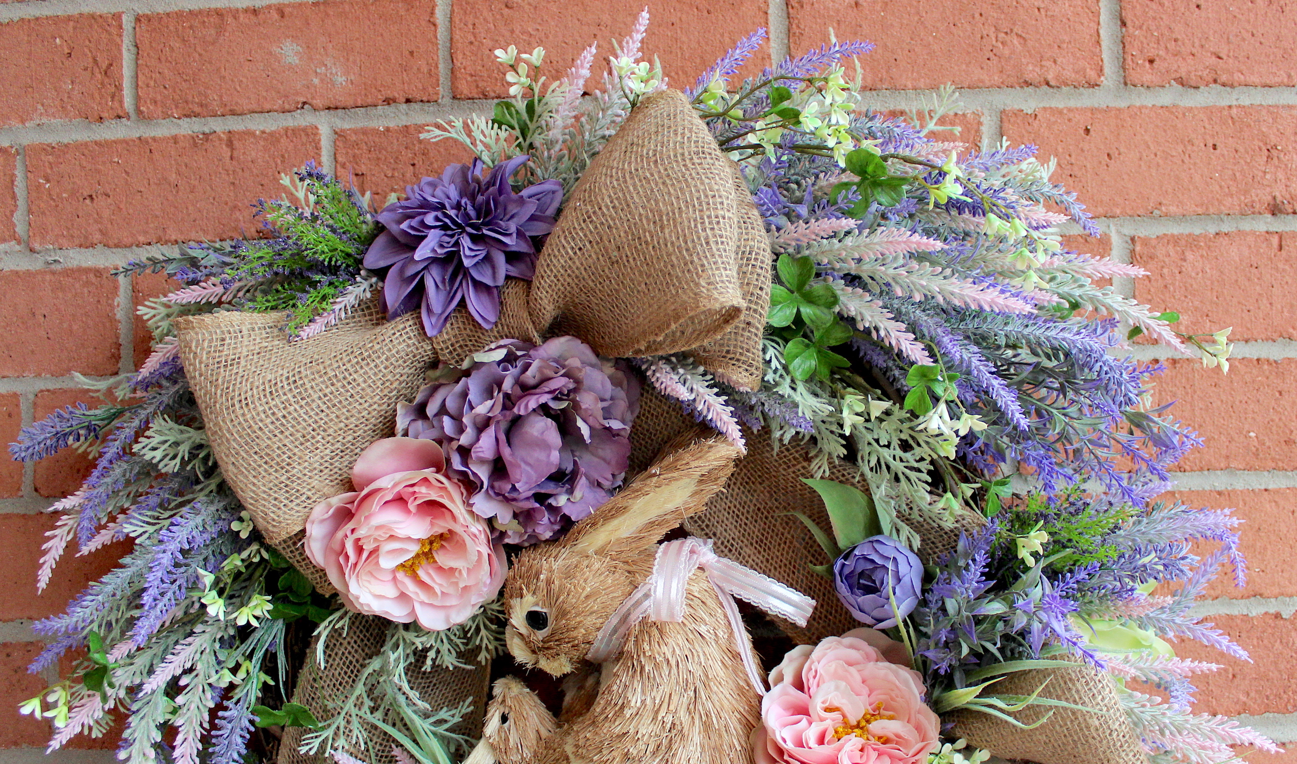 Spring Antique Lavender & Pink Bunny Rabbit Easter Floral Wreath - Image 5